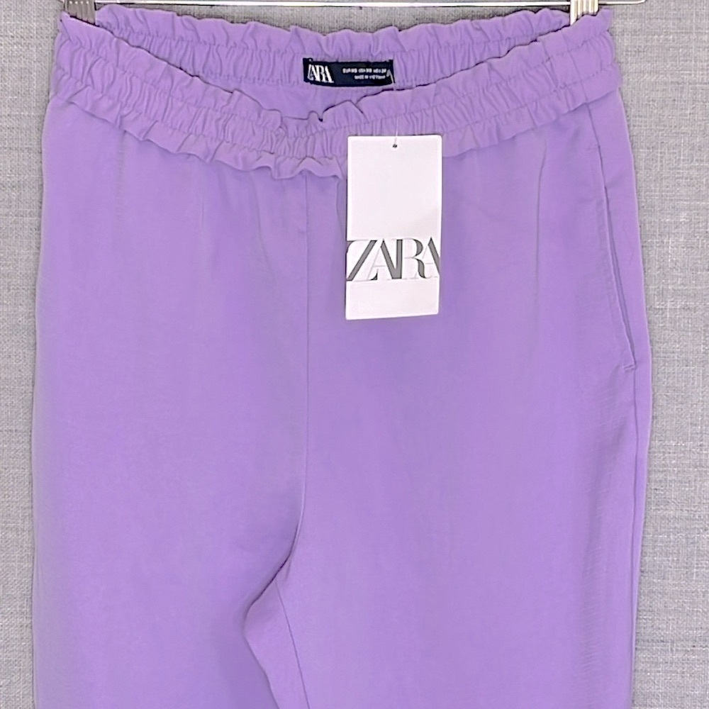 ZARA Lilac Purple Cropped Pants XS Stretch Elastic Waist Lightweight Pockets - Picture 4 of 14